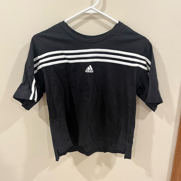 adidas Tops - Adidas Black & White Stripe Boxy Cropped Graphic Tee - Small